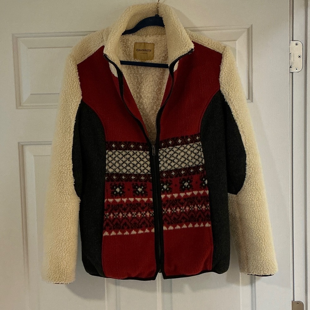 Upcountry by DuMonde Red, Cream & Charcoal Sherpa Zip coat wt Fair Isle Panel
